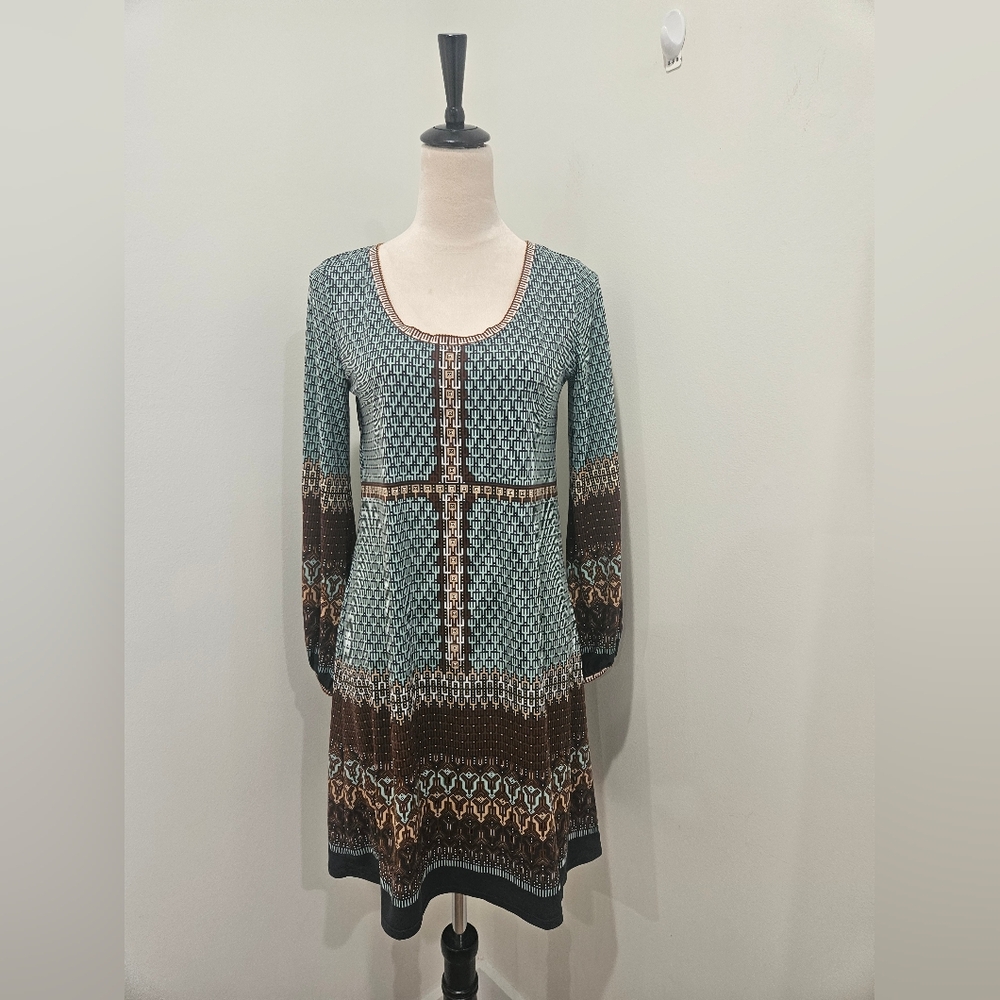 Max Studio Boho Geometric Print Long Sleeve Dress Sz S Multicolor